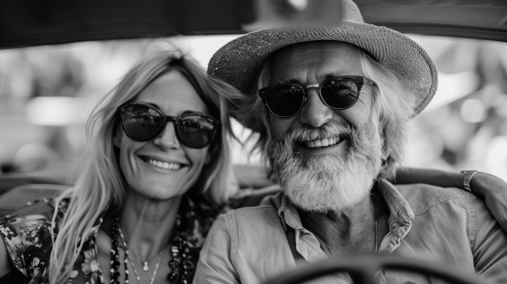 Photo noir & blanc - couple sénior au volant souriant