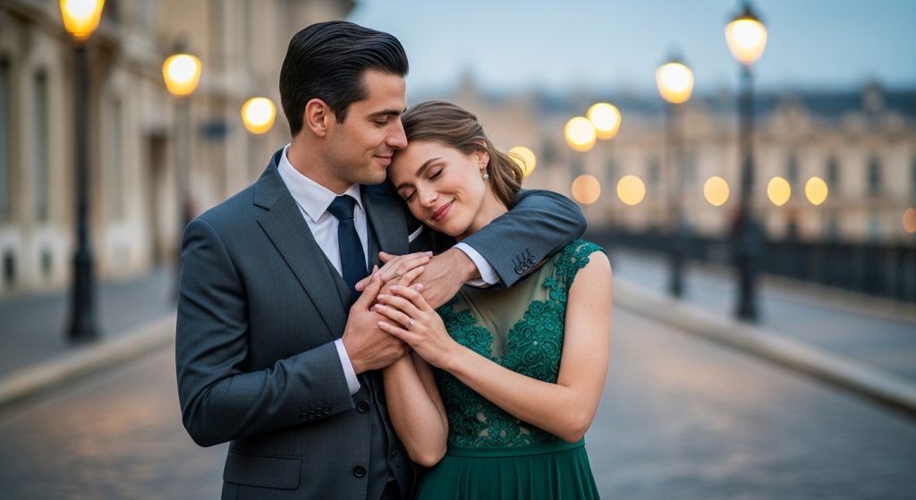 Couple enlacé dans les rues de Paris